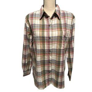 Alfred Dunner Plaid Shirt Flannel Shacket Cream Green Roll Tab Sleeves Size 14